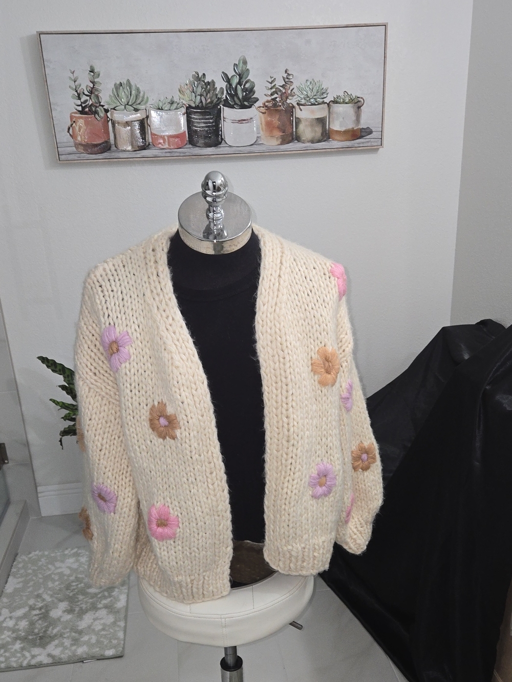 FRNCH Cream Chunky Knit Cardigan with Pink & Purple Floral Embroidery